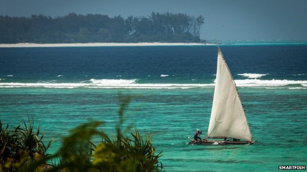 Pirogue sailing in the Indian Ocean off Tanzania